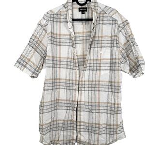 Haggar Linen Blend Plaid Button Up Shirt